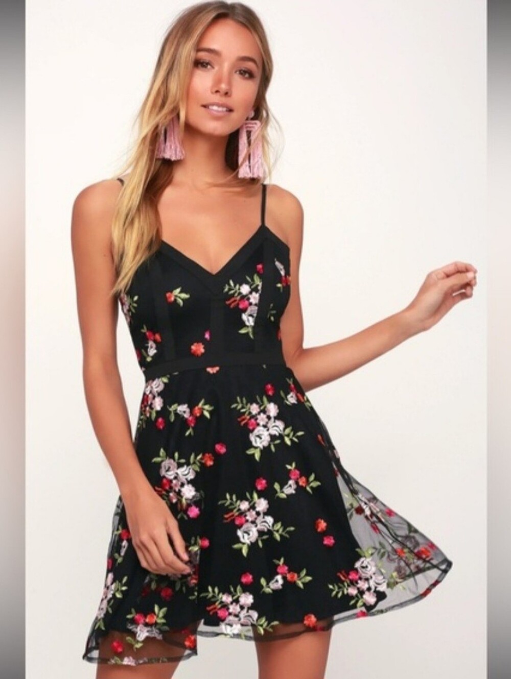 Lulus Favorite Fleur Black Floral Mesh Skater Dress. Size Medium